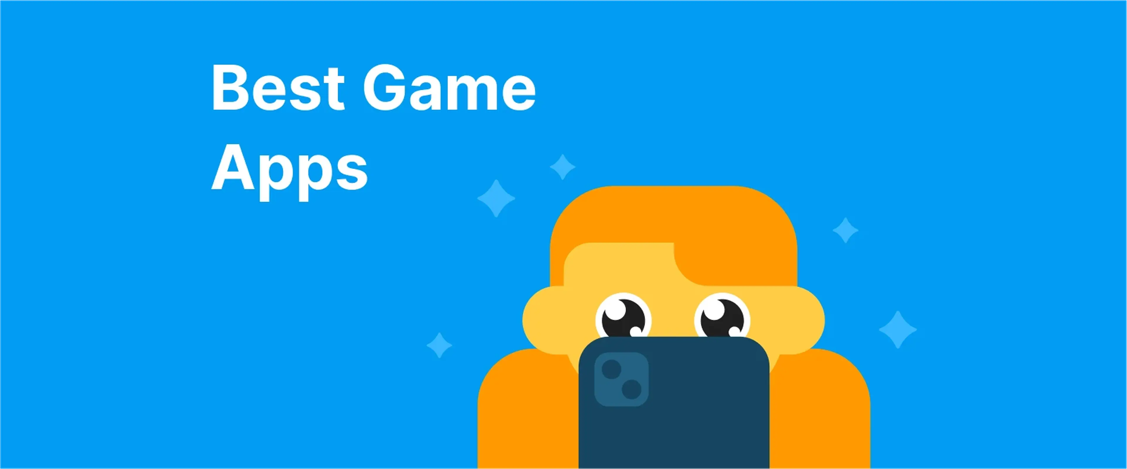 A delighted person holding a phone with sparcles around it, representing best game apps