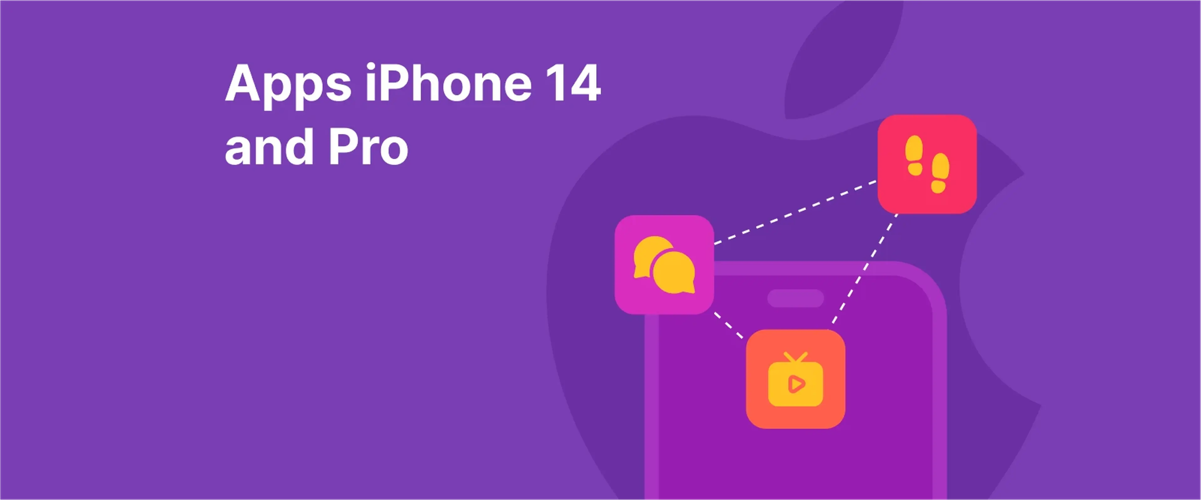 Icons representing apps Iphone 14 and pro like chat, video, and social media connected to a phone, with iphone logo at the background