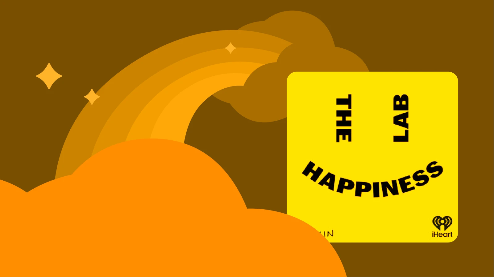 Orange cloud and rainbow backdrop with The Happiness Lab podcast cover, highlighted among Best self help podcasts