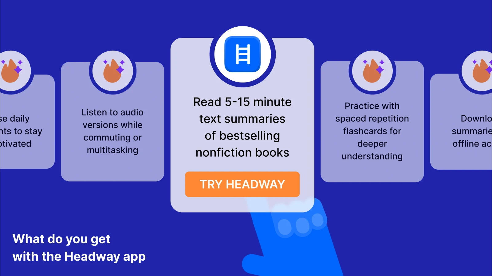 A row of tables with fire icon describing the headway app feature