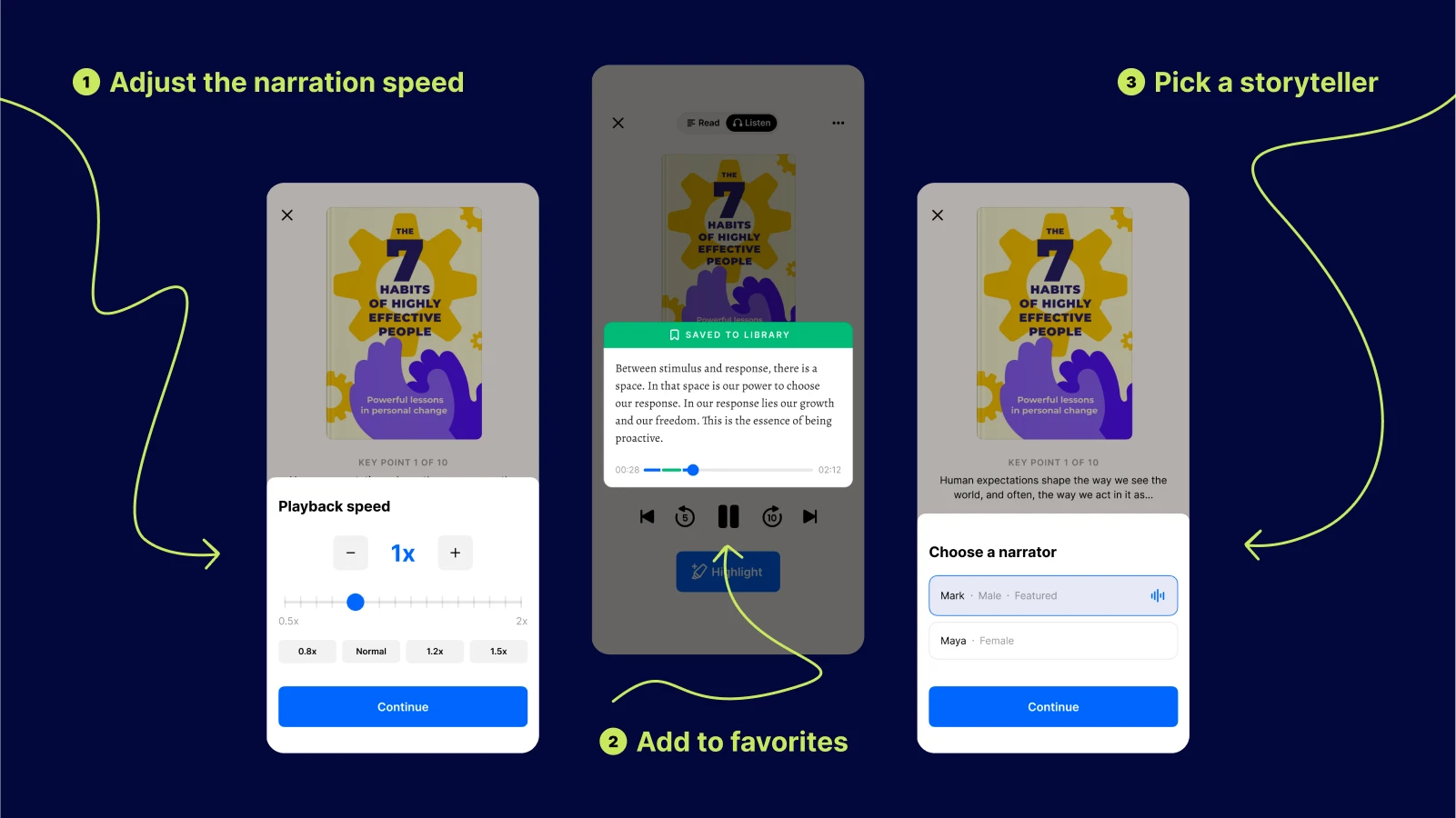 Three phone screens with app interface showing playback speed, audio highlight, and narrator options from headway app