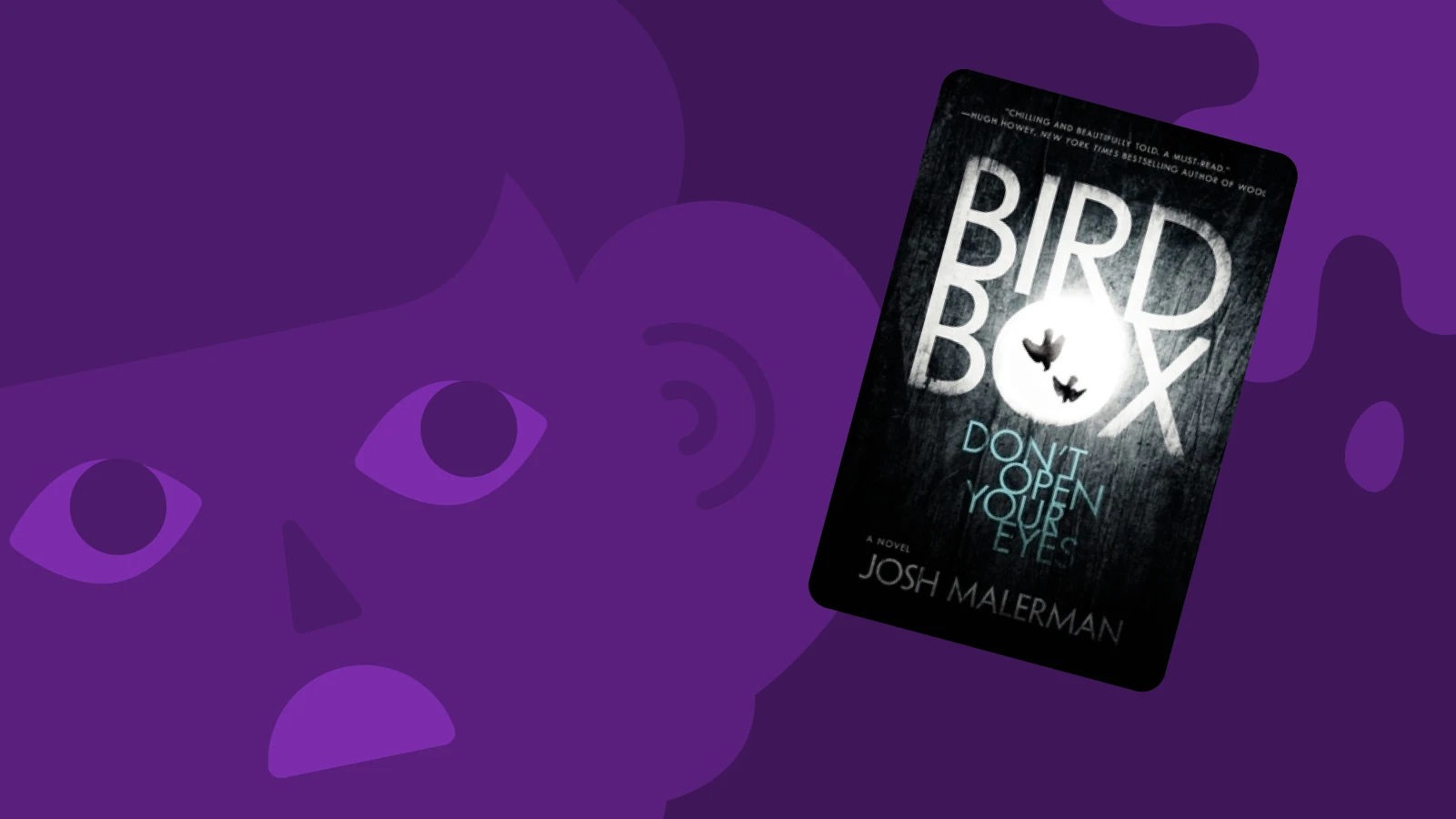 Bird Box audiobook displayed on reader with dark cover showing bird silhouette on purple background with ghost shapes