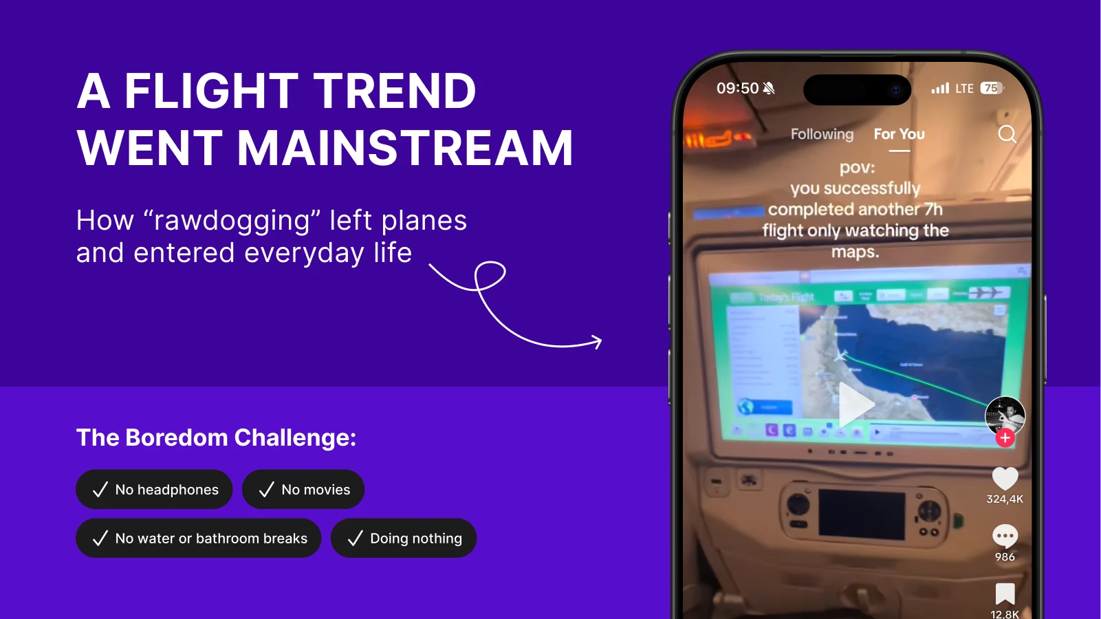 Smartphone displaying TikTok video of rawdogging boredom trend on flight with map screen on purple background showing boredom challenge rules