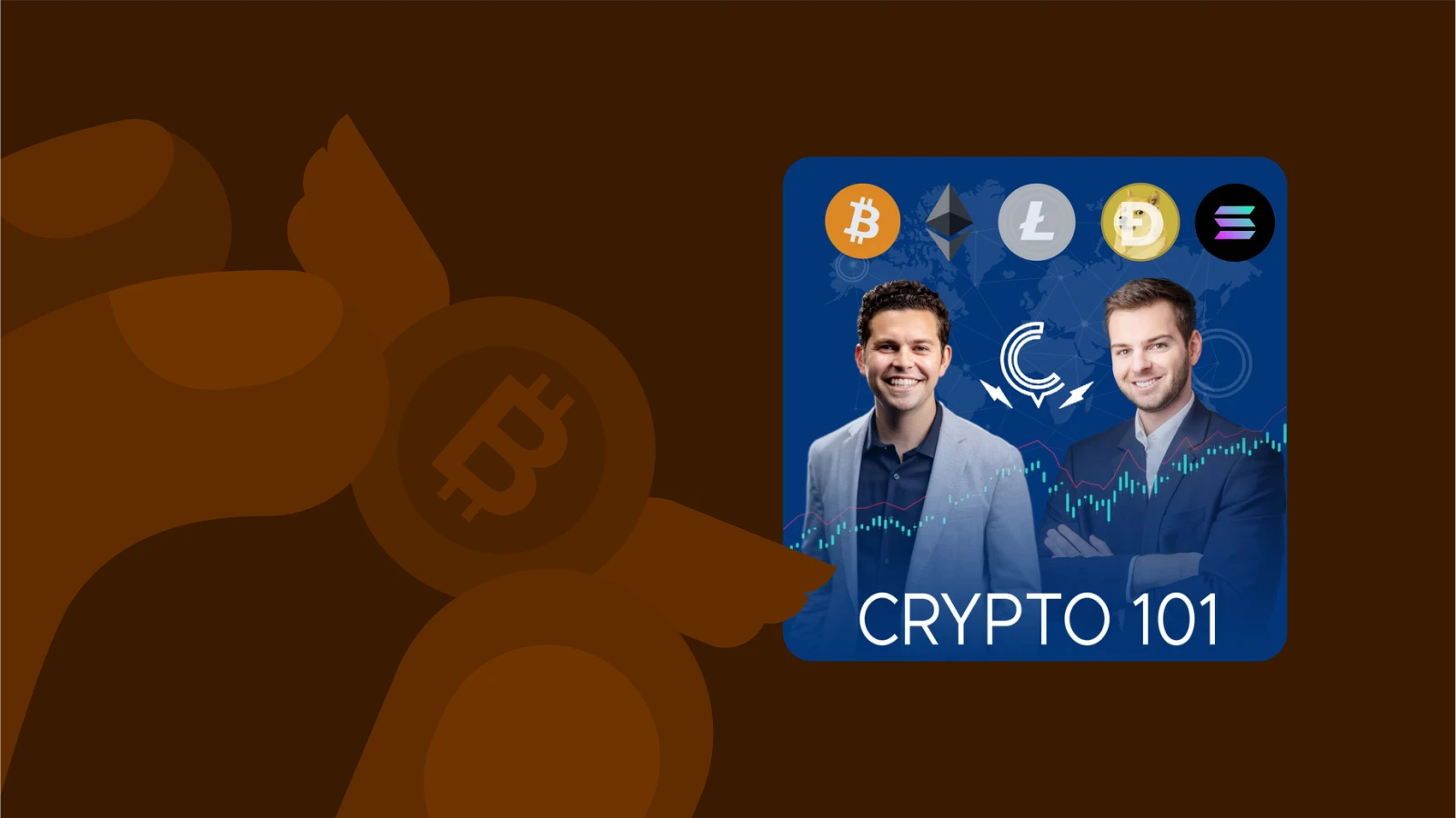 Crypto 101 podcast about web3 and a hand with bitcoin with wings