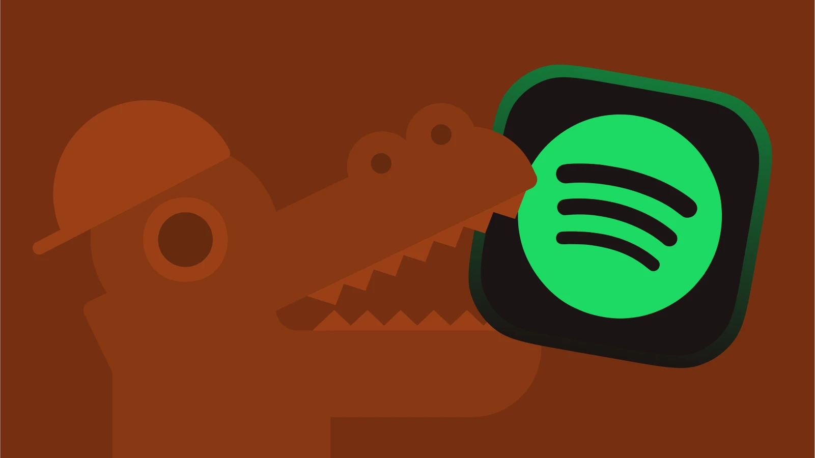 Crocodile character holding a Spotify app icon with his teeth
