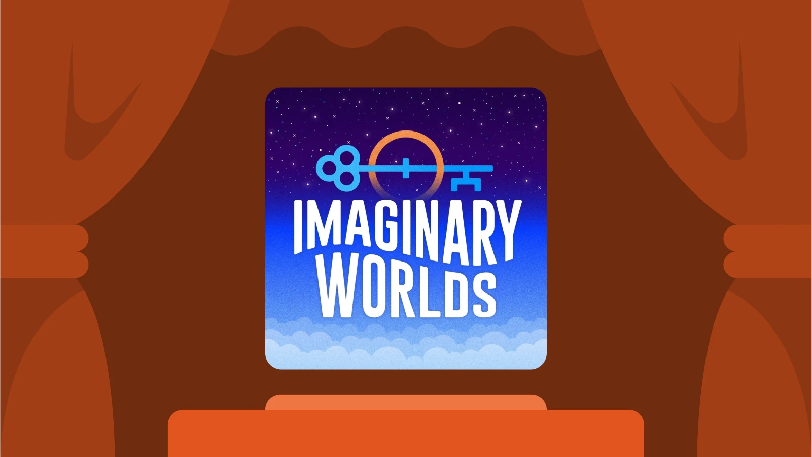 Imaginary Worlds podcast cover with starry sky and keys, a storytelling podcast exploring creativity and fantasy