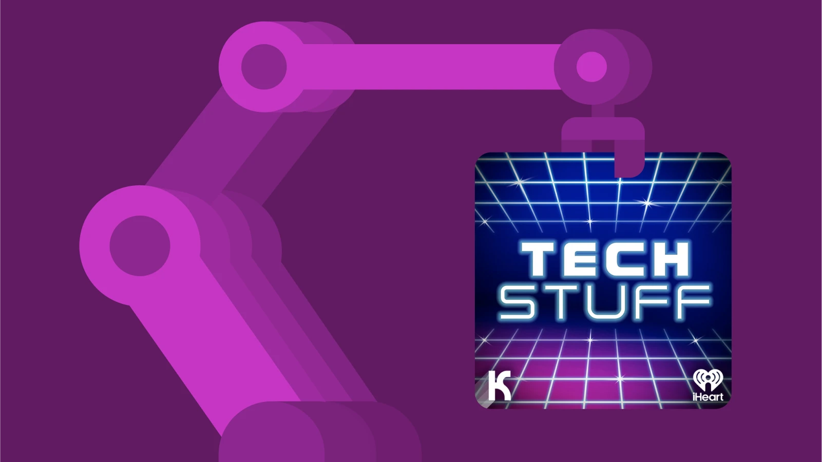 Robotic arm holding the Tech Stuff podcast cover, showcasing a technology podcast theme in purple tones
