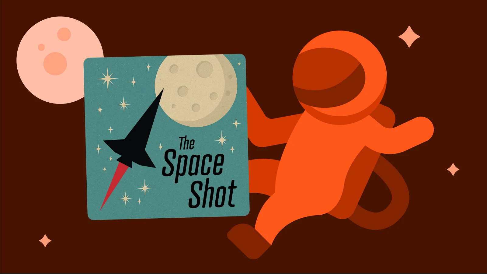 Red astronaut holding The Space Shot podcast cover, a technical space podcast about engineering and exploration