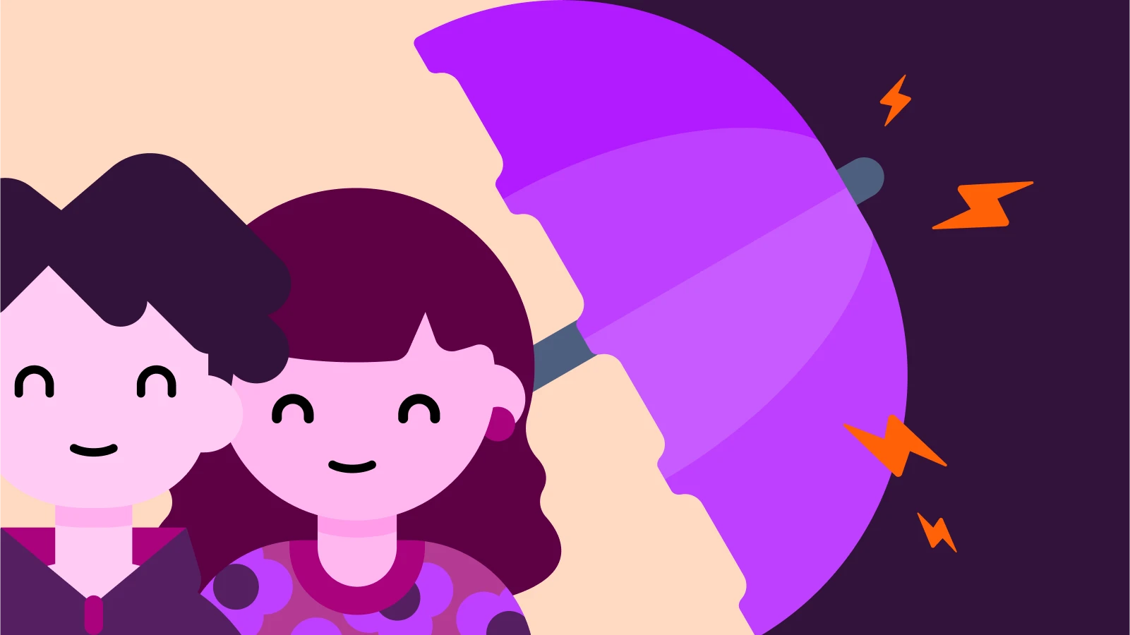 Two smiling children under a purple umbrella blocking orange lightning bolts, symbolizing protection in parallel parenting