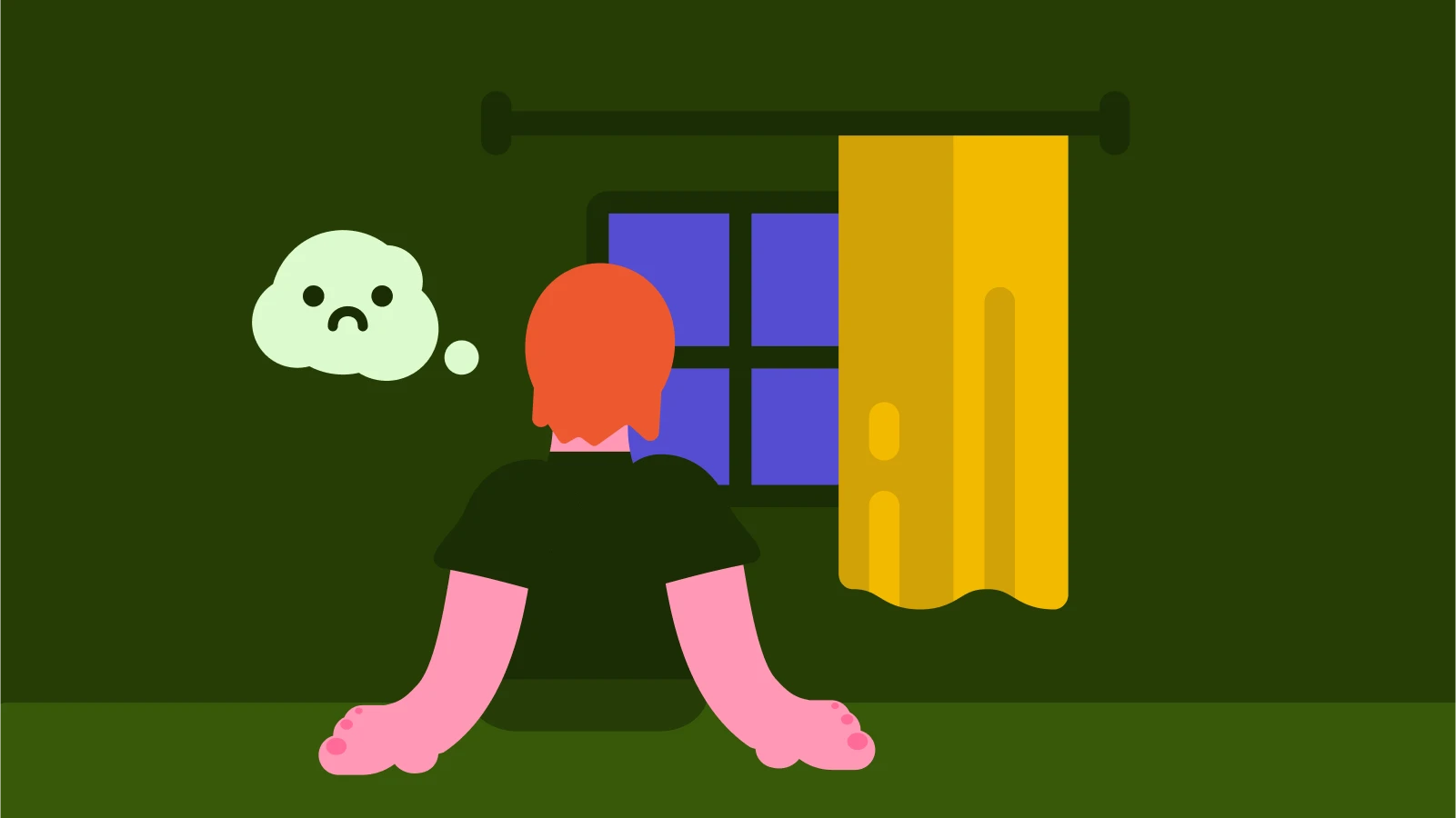 morning routine - Person with red hair sitting on the floor, facing a window with one yellow curtain at night