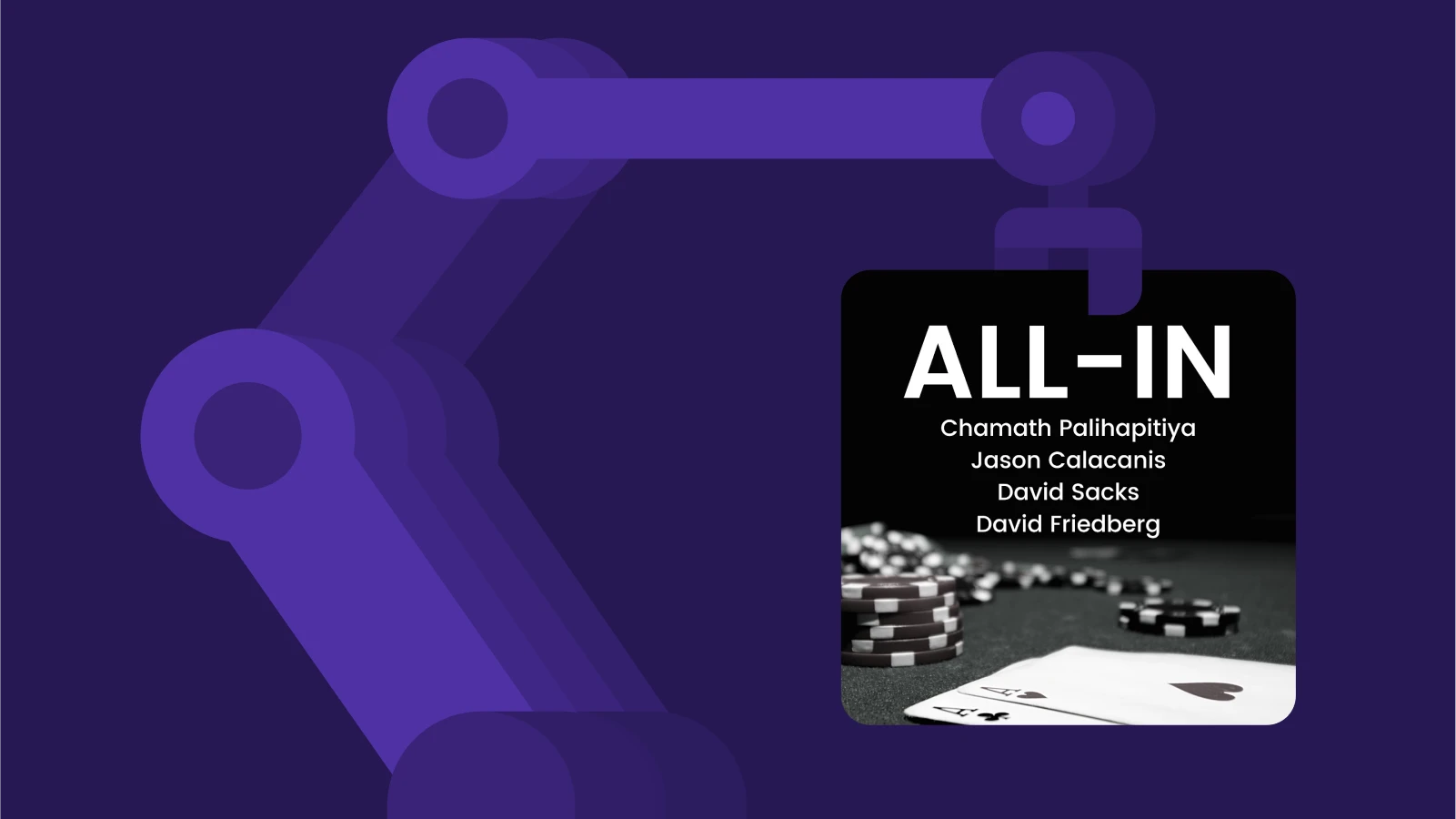 Dark blue robotic arm displaying the All in podcast cover, focused on productivity and technology culture