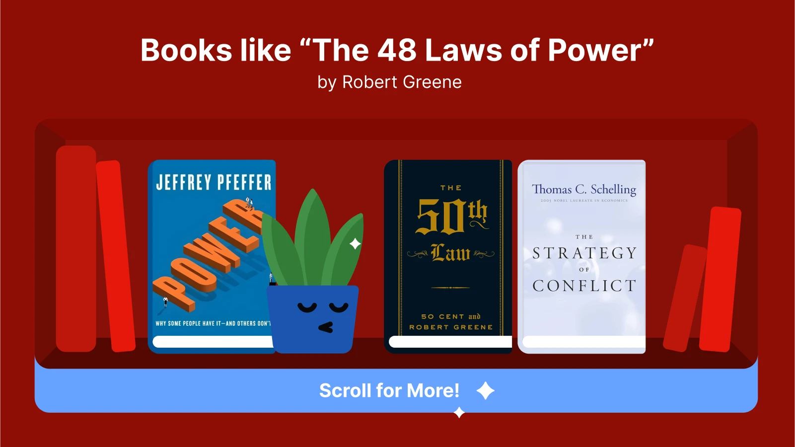 Covers of Power, The 50th Law, and The Strategy of Conflict on a bookshelf with a cartoon plant, symbolising similar books like The 48 Laws of Power