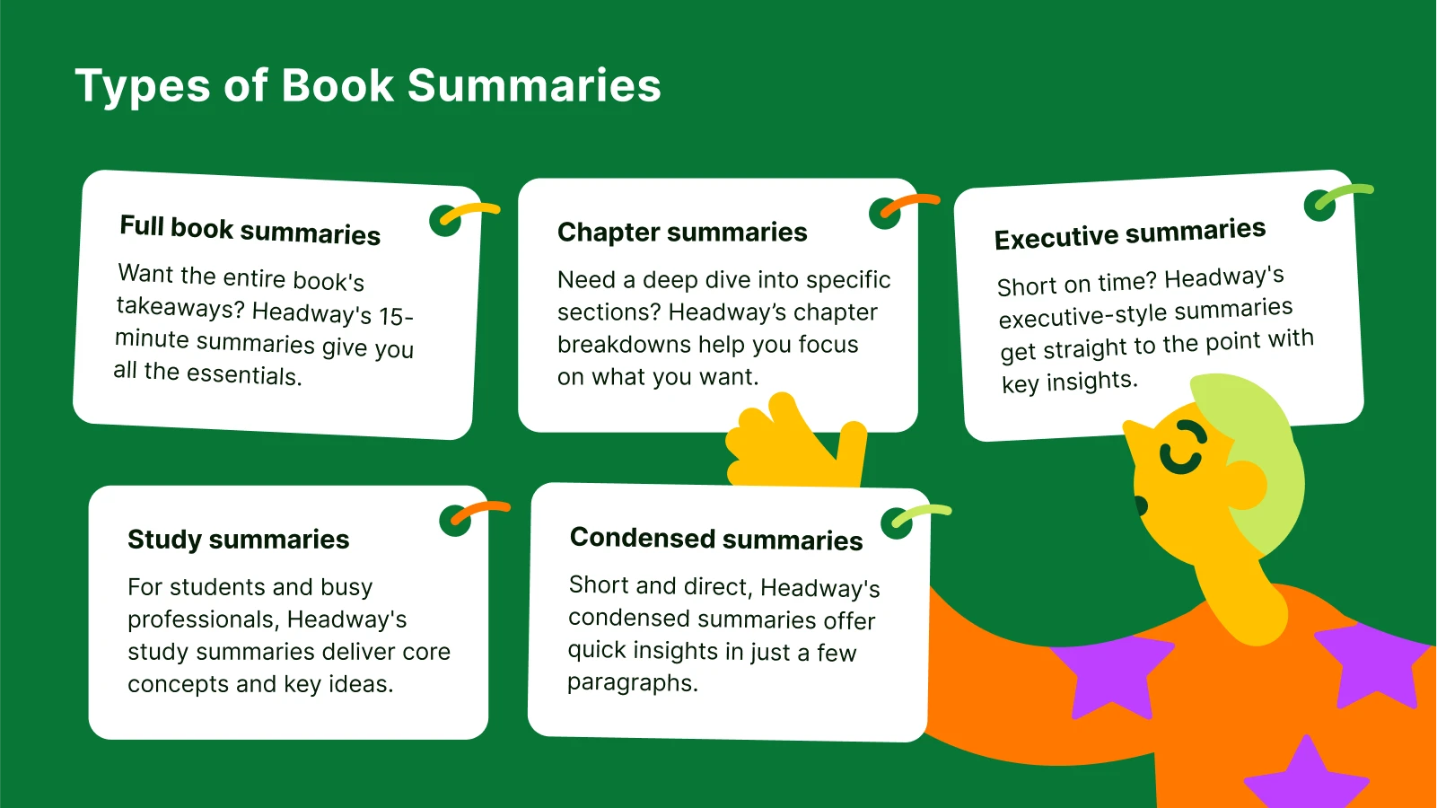Six cards showing different types of book summaries like full, chapter, and condensed summaries and a person in a bright sweater with stars