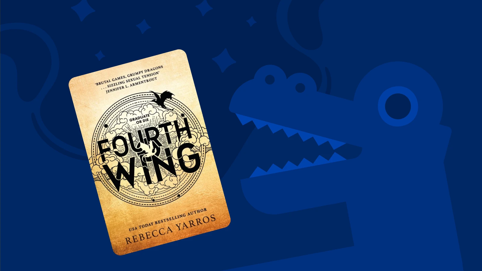 Rebecca Yarros' Fourth Wing cover on blue background with dragon silhouette, trending fantasy audiobook