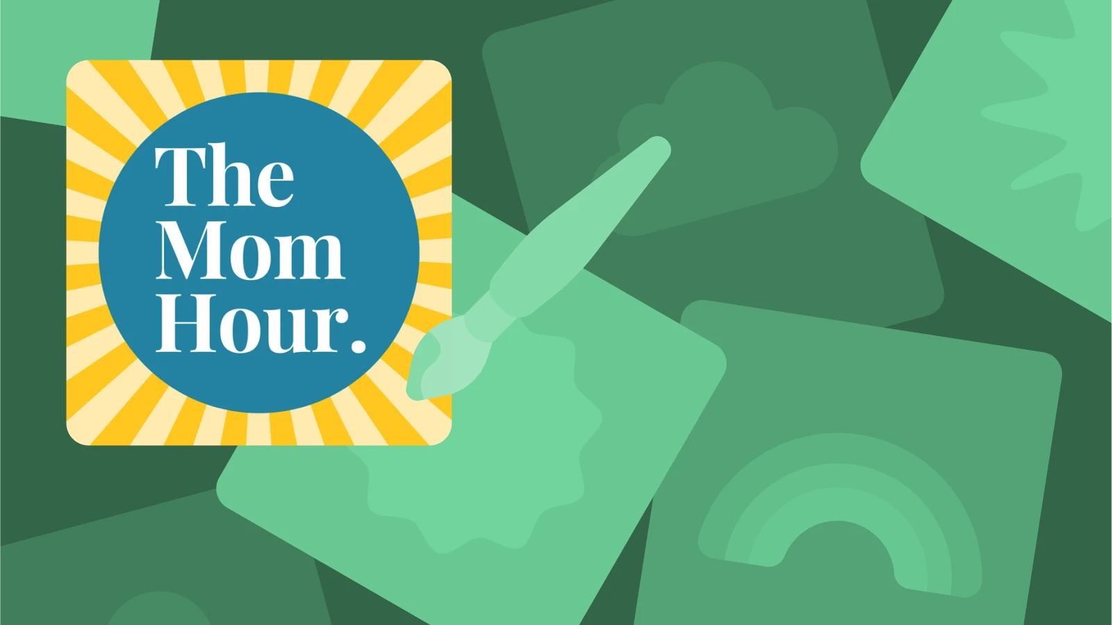 Illustration of The Mom Hour podcast cover with a colorful sunburst design and green background, symbolizing parenting advice and tips for mothers
