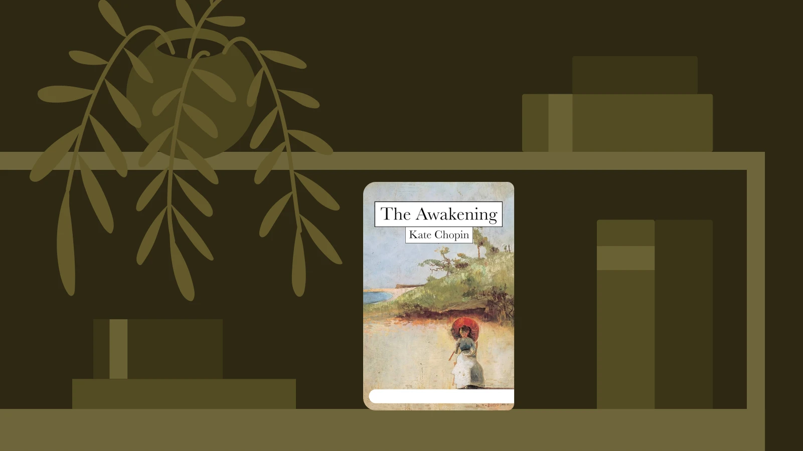 The Awakening by Kate Chopin against olive green cityscape with willow tree