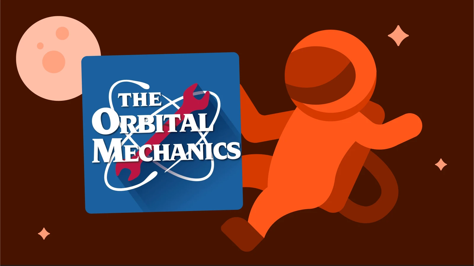 Red astronaut holding The Orbital Mechanics podcast cover, a technical space podcast about engineering and exploration