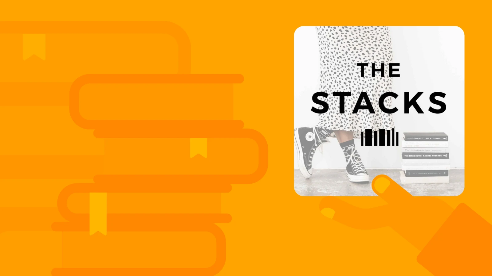The Stacks podcast title on yellow background with stack of books, featured among the best book podcasts