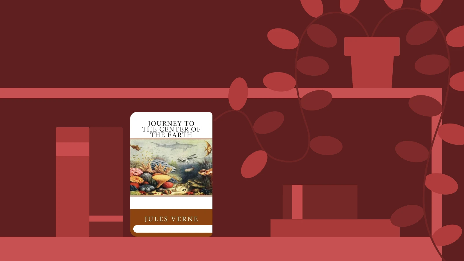 Journey to the Center of the Earth by Jules Verne among best books on burgundy red background with decorative elements