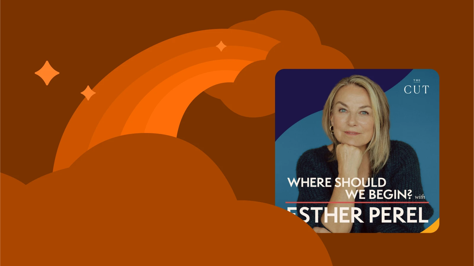 Orange layered background with podcast cover of Esther Perel’s Where Should We Begin, featured in Best self help podcasts list