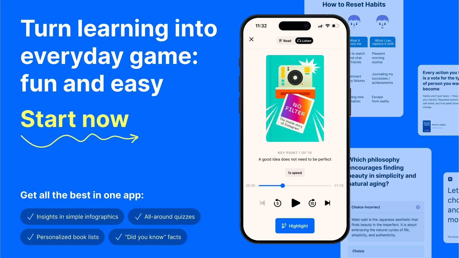 iPhone mockup with no filter book summaries and Headway screetshots