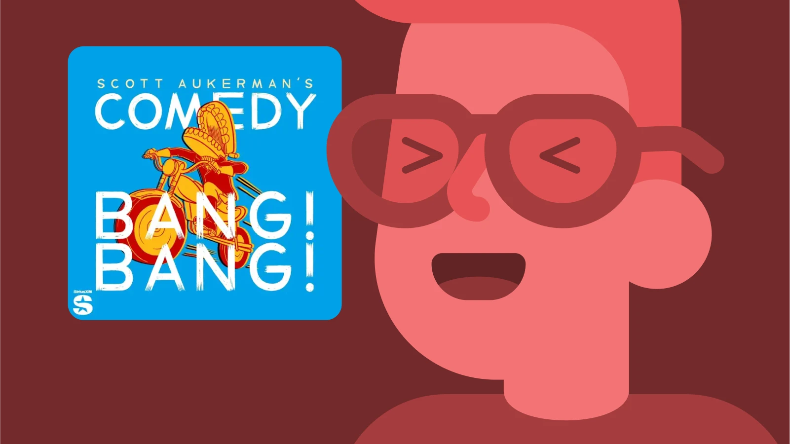 Bright blue Comedy Bang Bang podcast logo on red background, featured among the best comedy podcasts