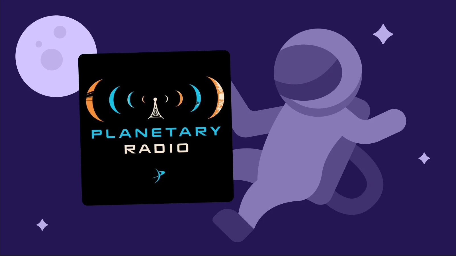 Purple astronaut illustration presenting the Planetary Radio podcast cover, focused on astronomy podcasts and space science