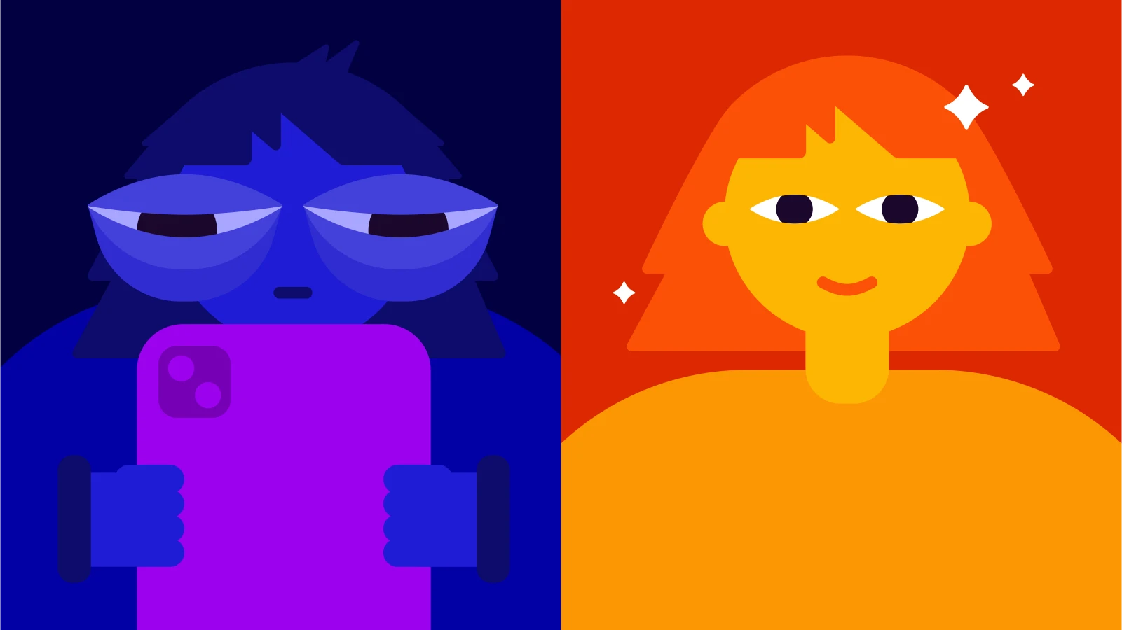 scrolling - Split image showing a tired person holding a phone on the left and a smiling person without phone on the right