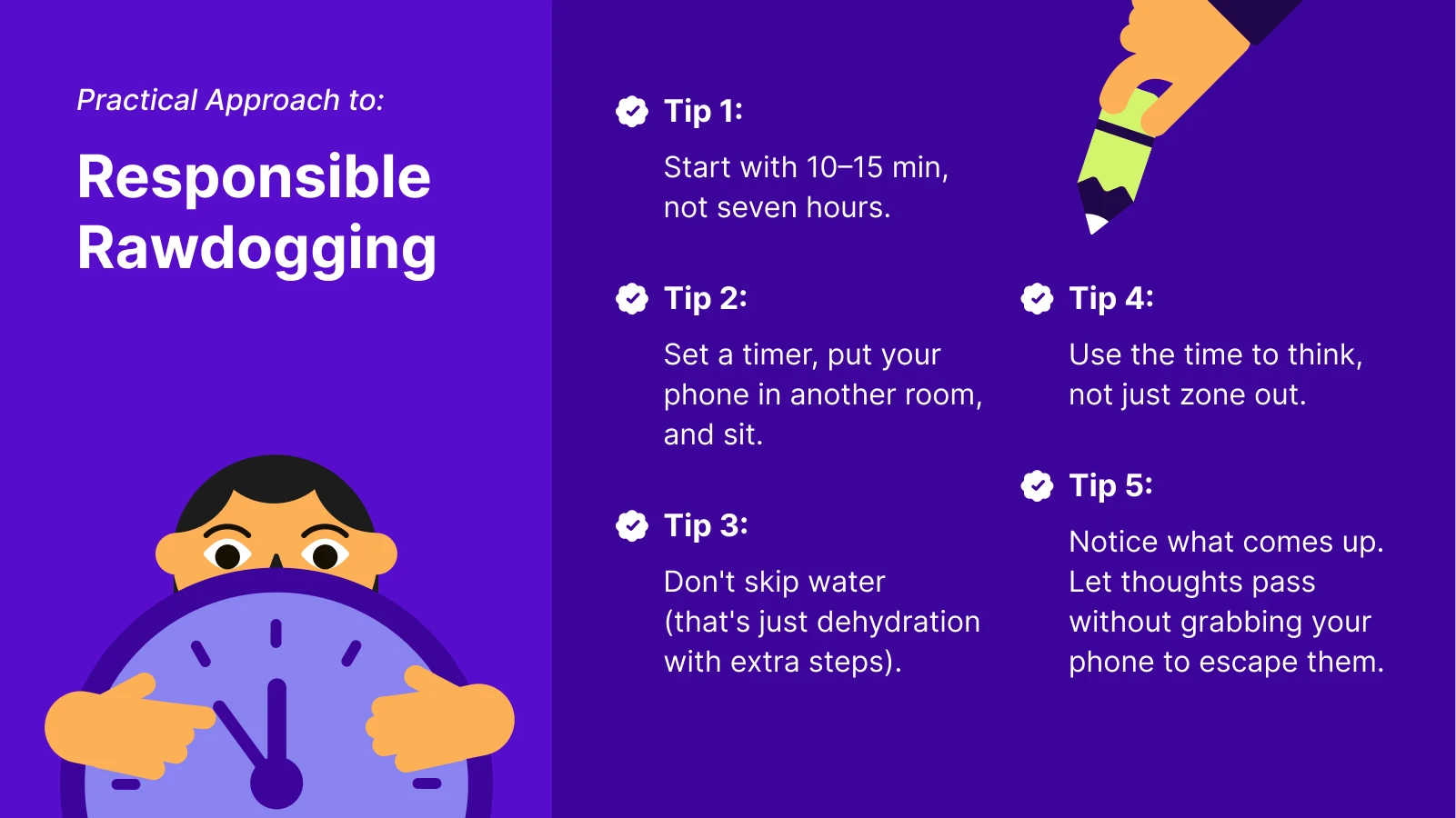 Person holding large purple clock demonstrating responsible approach to rawdogging boredom TikTok trend on purple background