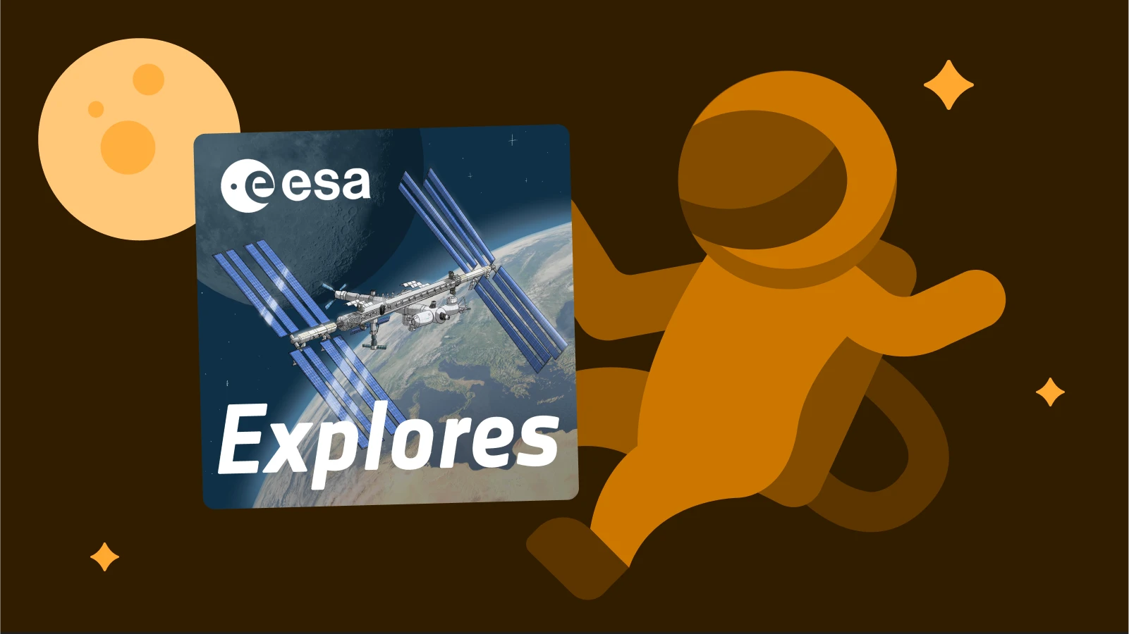 Orange astronaut illustration holding the ESA Explores podcast cover, a popular astronomy podcast hosted by Neil deGrasse Tyson