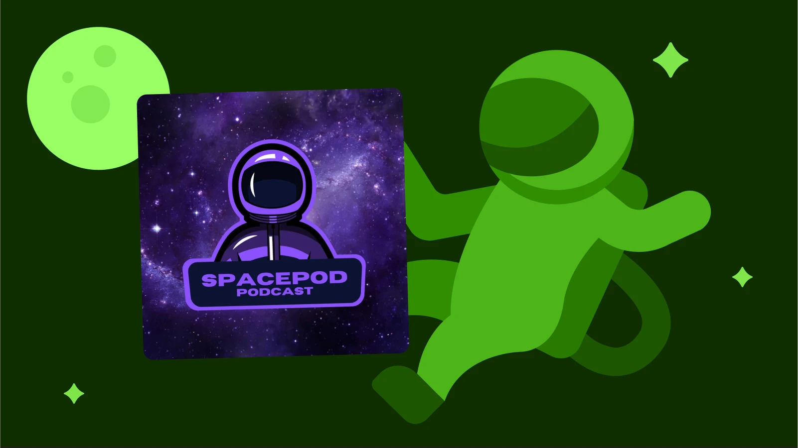 Green astronaut holding the Spacepod podcast cover, showcasing niche space podcasts with expert interviews