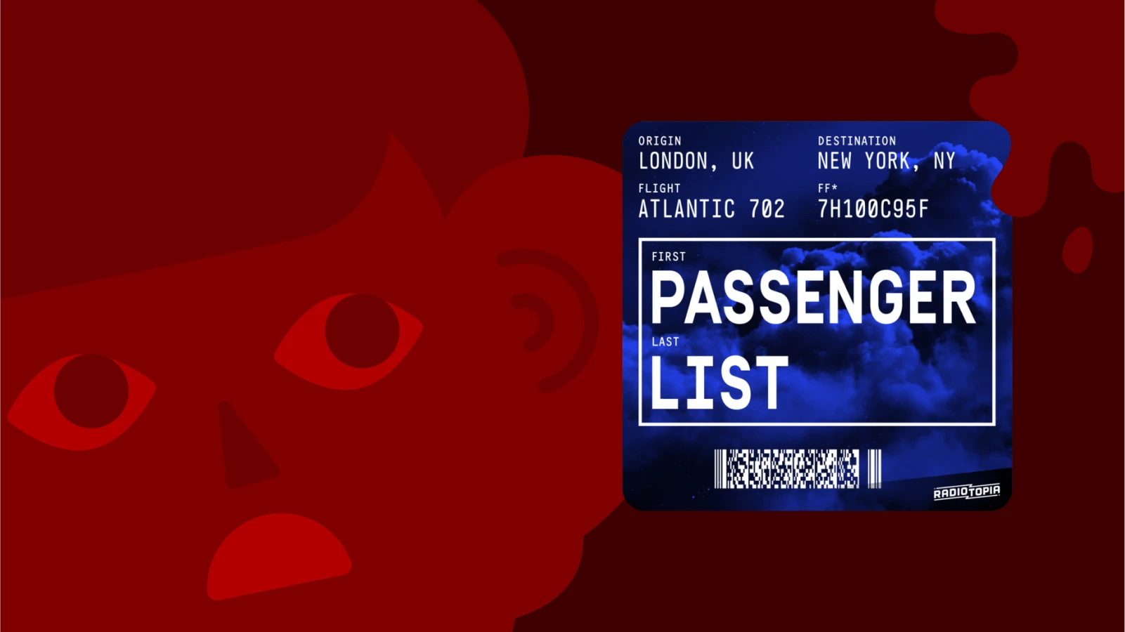 Red background with Passenger List podcast cover resembling a flight boarding pass, a mystery fiction podcast about a missing plane