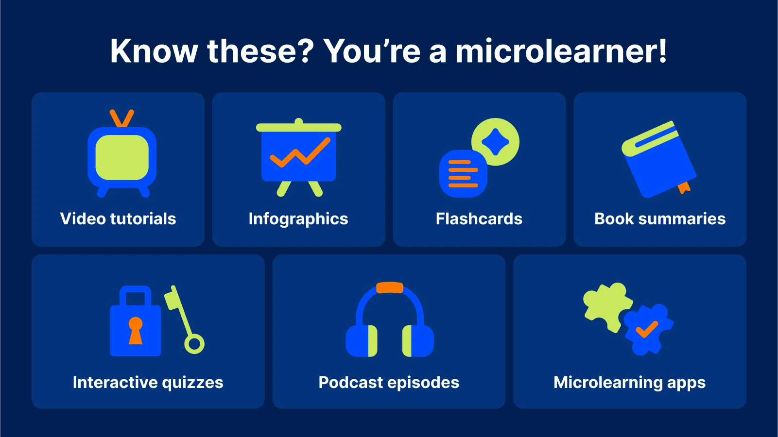 microlearning - Nine icons including TV, chart, flashcards, book, padlock with key, headphones, and puzzles with checkmark
