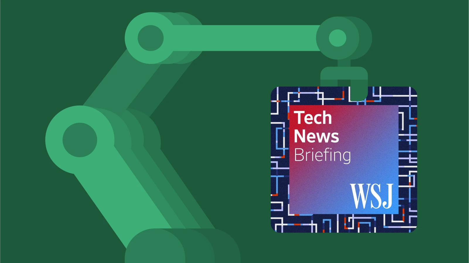 Green robotic arm holding a Tech News Briefing podcast cover with abstract tech icons, symbolizing technology podcasts and innovation