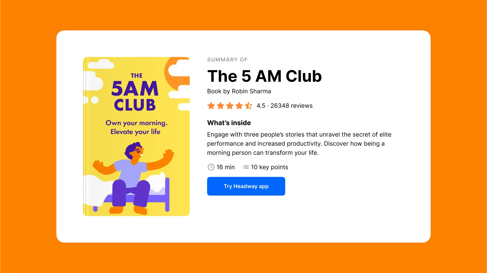Well-being - The cover and describtion of the book summary The 5 AM Club by Robin Sharma