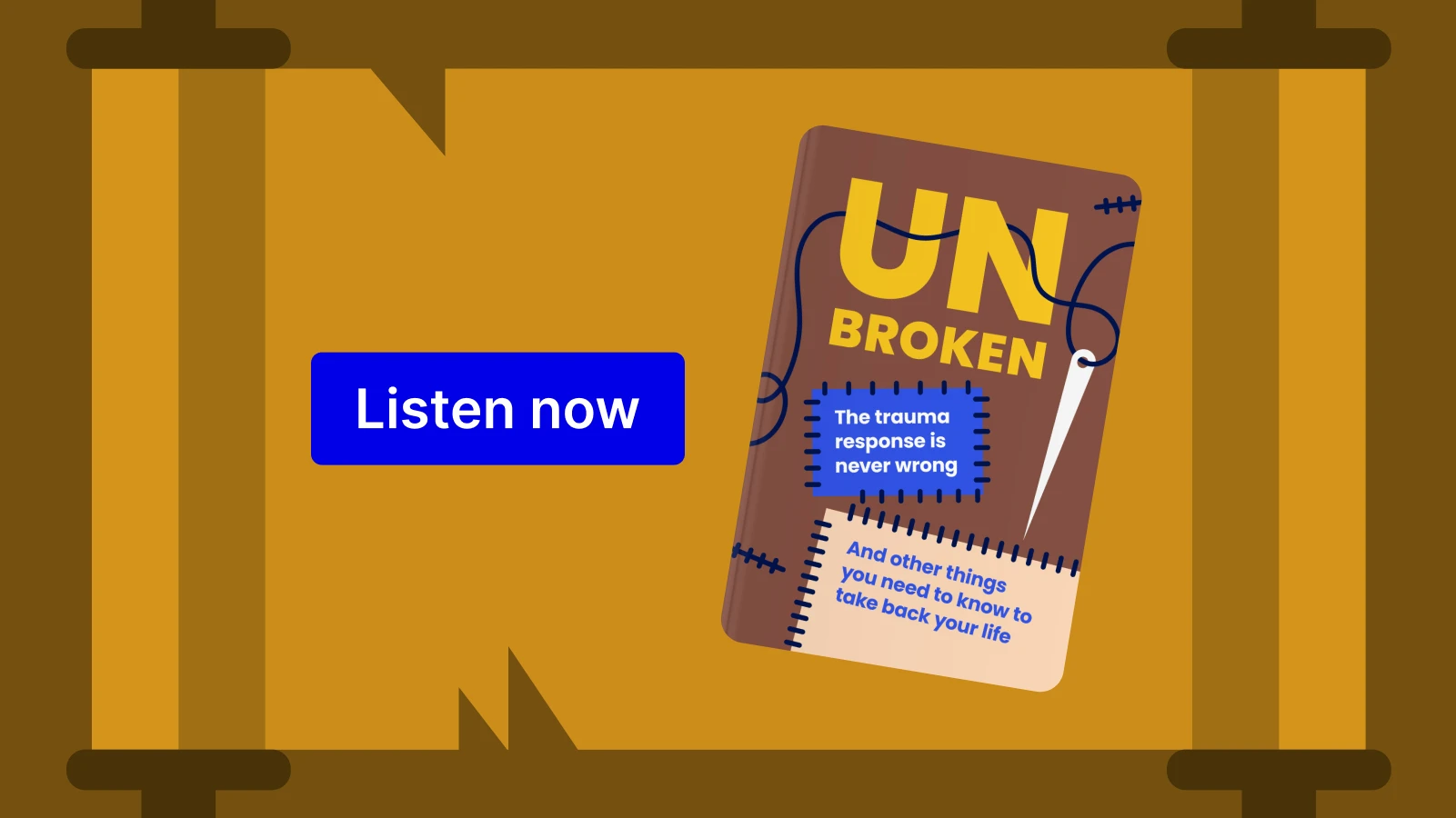 Unbroken book summary cover displayed on golden frame with listen now button for history audiobooks