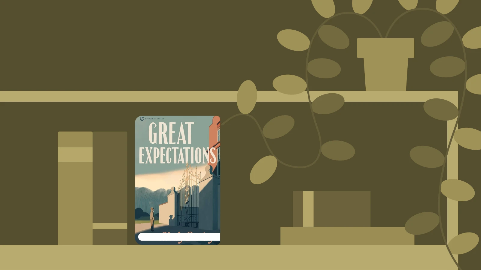Great Expectations book cover displayed on olive brown background with stylized botanical leaf design