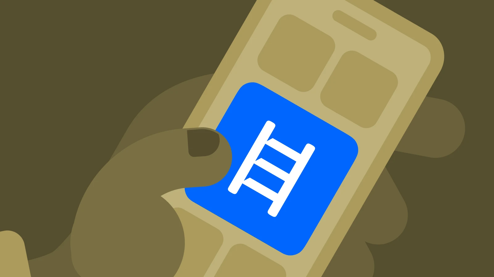 Smartphone displaying Elevate brain training app icon with blue ladder symbol on brown background