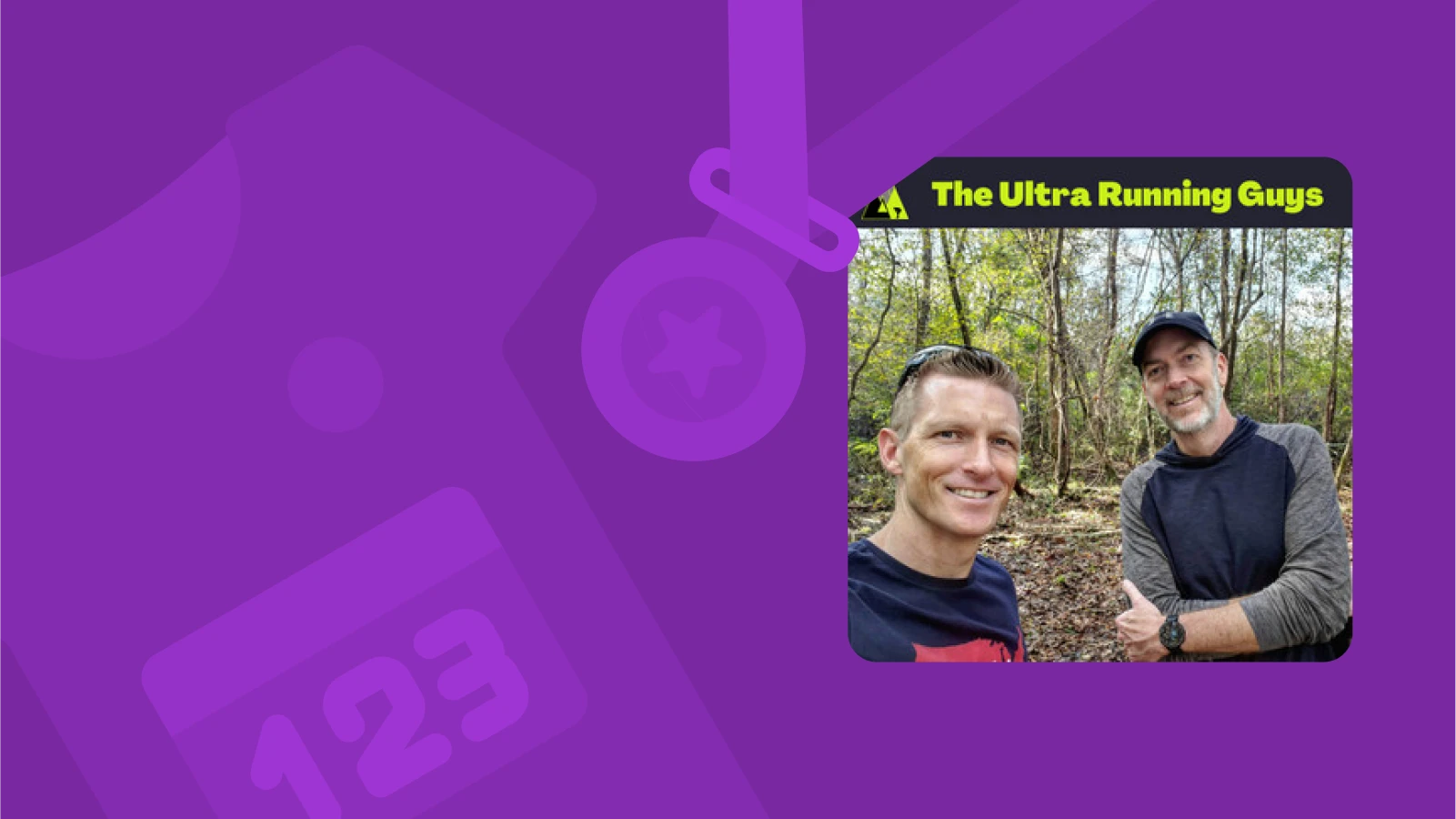 'The Ultra Running Guys' from best running podcasts with a sport tshirt and medal at the background