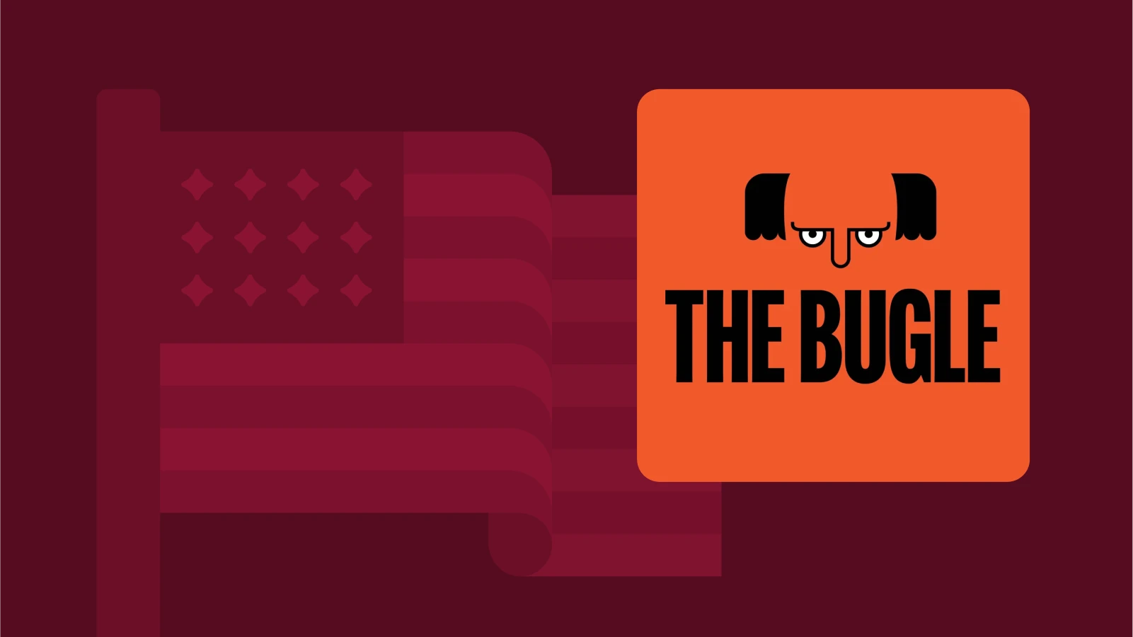 Red background with The Bugle podcast cover, known for satirical takes on global political issues