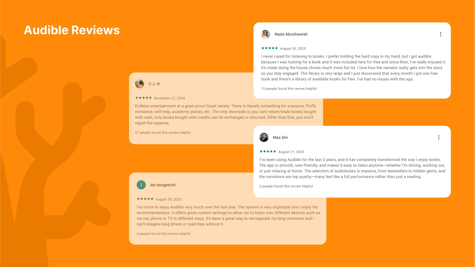 Customer reviews in orange panels with feedback on Audible, featuring stars and app ratings