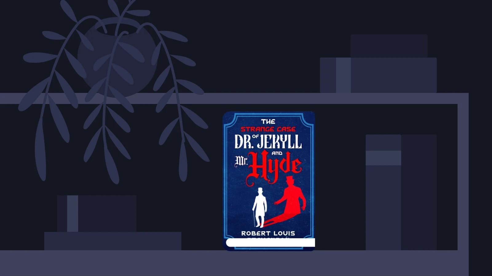 Dr Jekyll and Mr Hyde classic book against purple art deco cityscape with willow tree