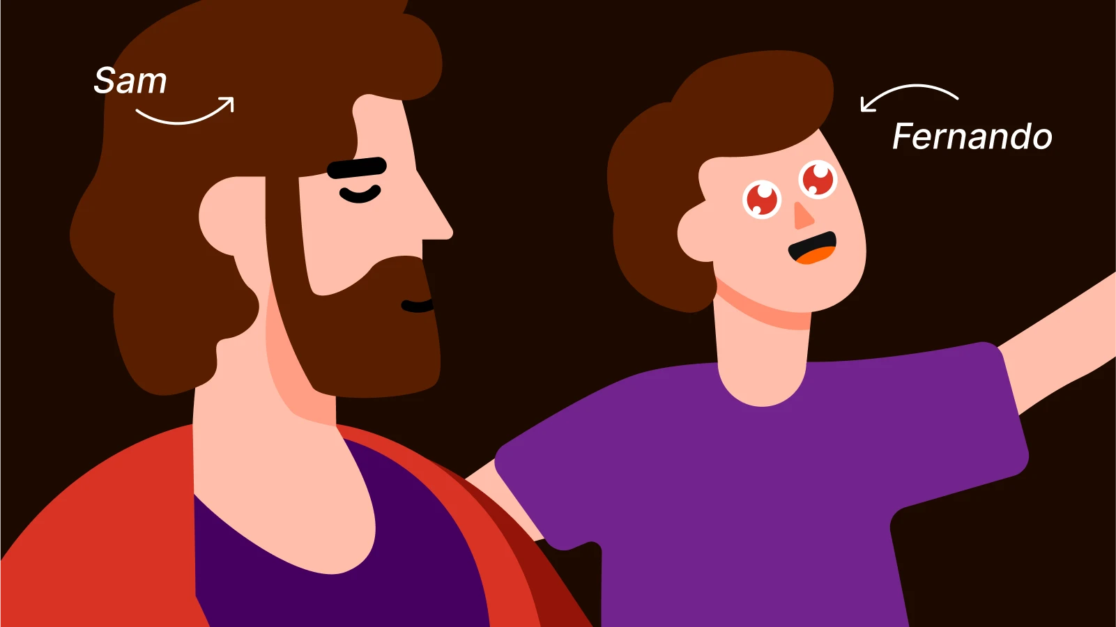 Cartoon bearded man with child beside him looking upward with glowing red eyes, from Robert Dugoni’s The Extraordinary Life of Sam Hell