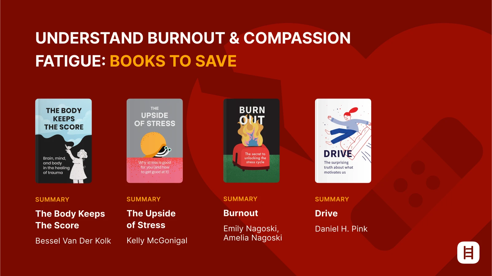 burnout - Wellness Four self-help book covers with summaries The body keeps the score, the upside of stress