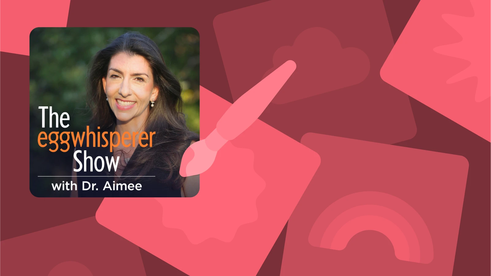 Red background with The Egg Whisperer Show podcast cover, offering expert fertility advice and parenting tips for expecting parents