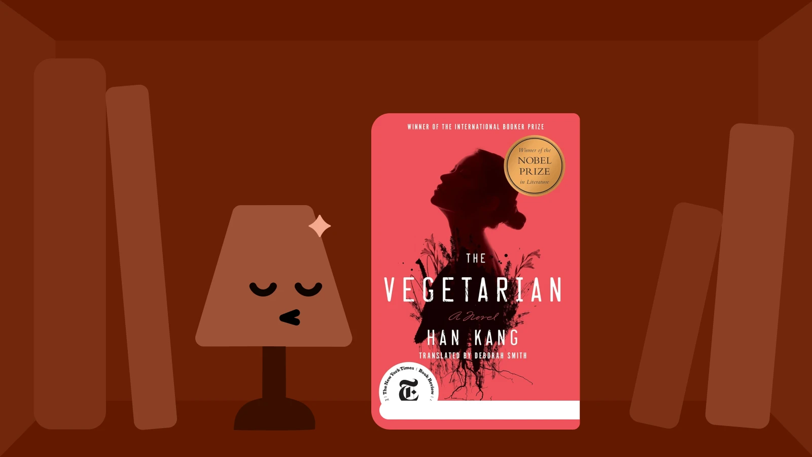 Vegetariana by Han Kang book cover in coral pink beside illustrated lamp character on brown background (1)