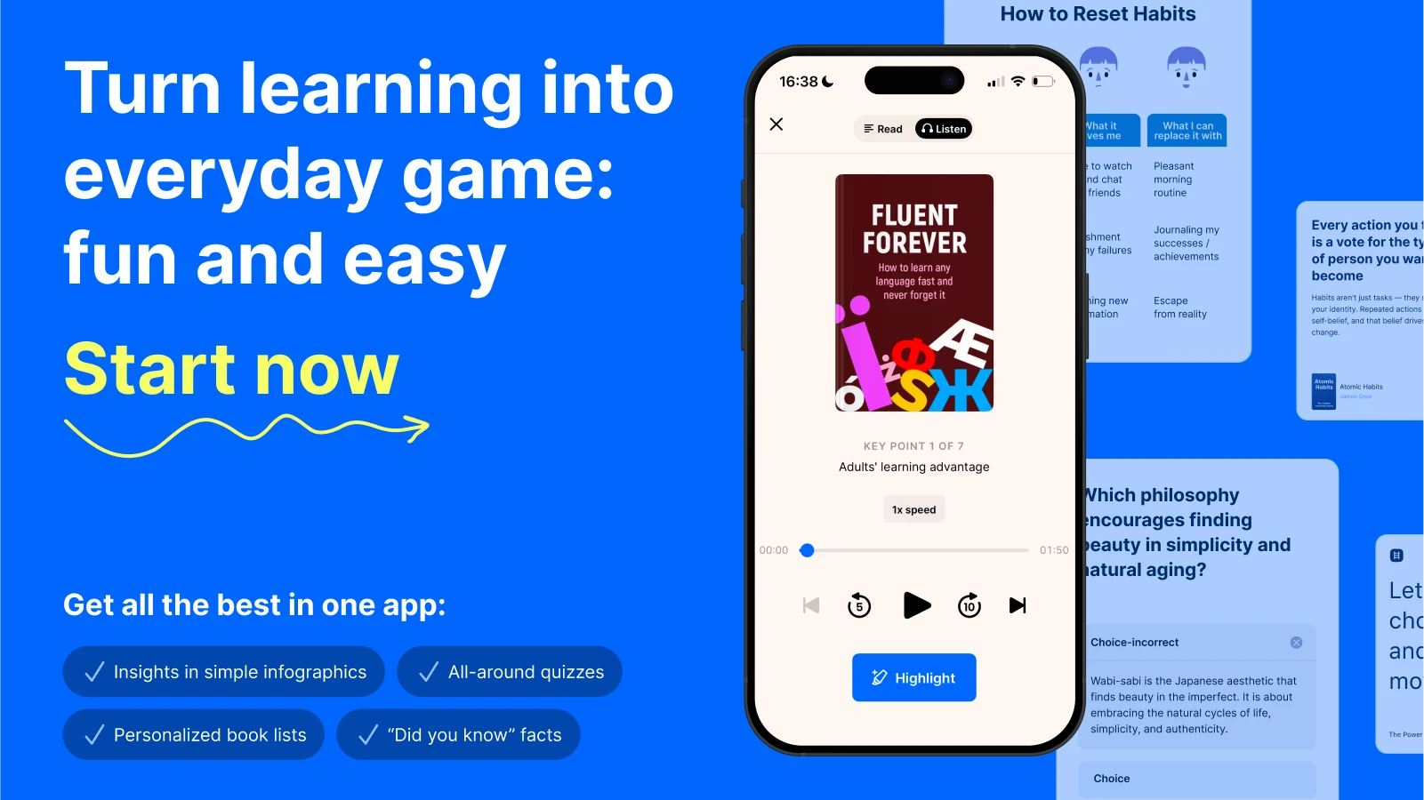 IPhone mockup with a screenshot of fluent forever book summary and Headway app screenshots