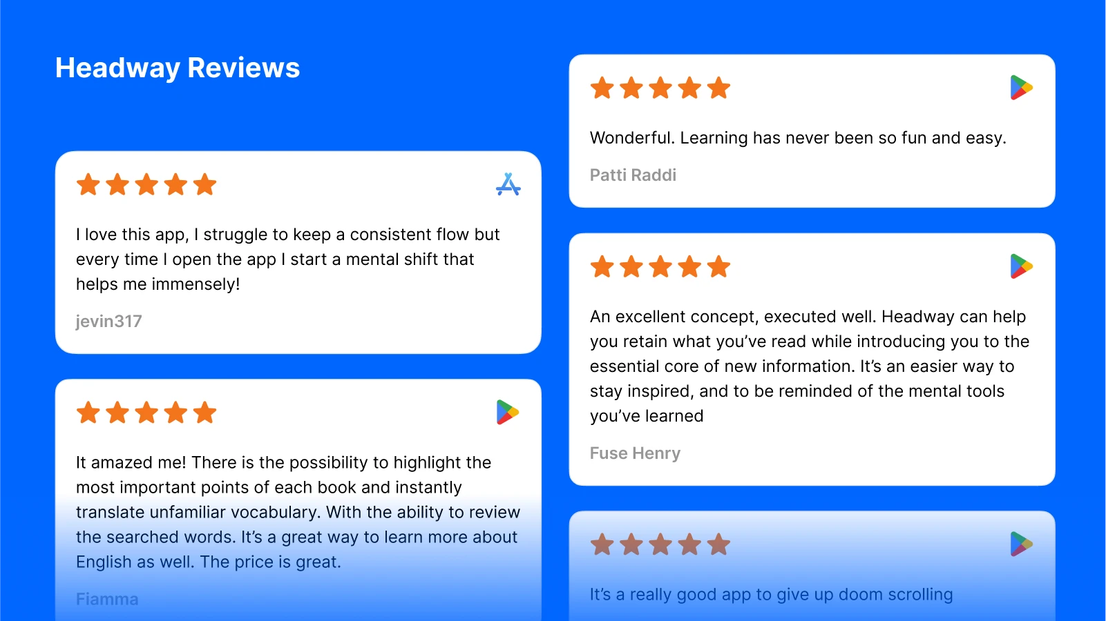 Multiple positive customer reviews in blue panels, showcasing stars and app feedback on Headway, book summary app