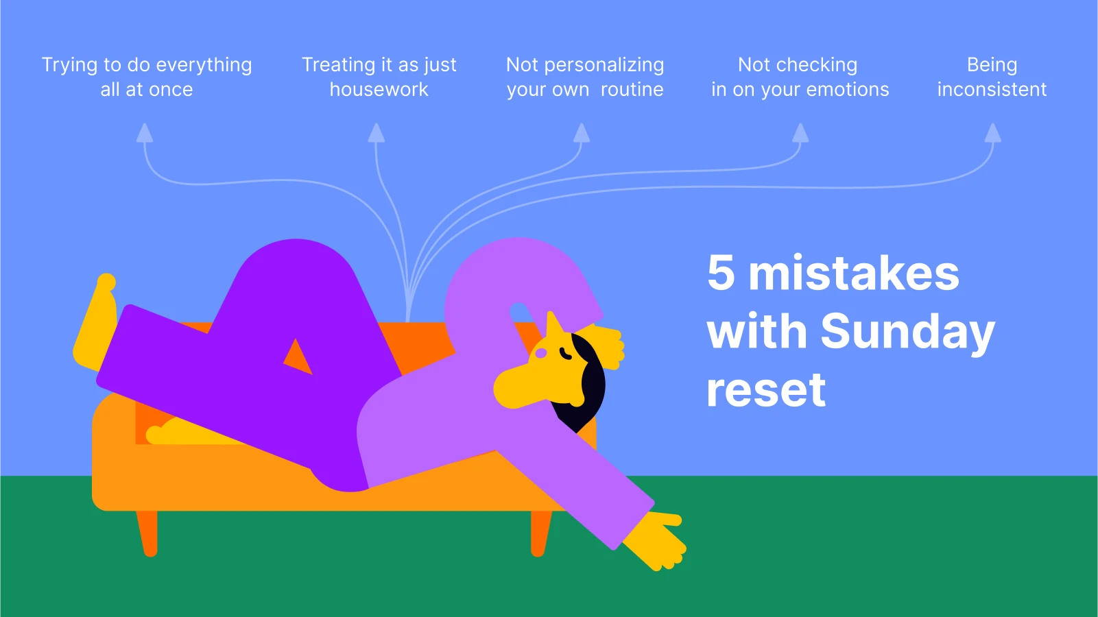 Cartoon person lying on couch with arrows listing mistakes like doing everything at once, not personalizing routine, and being inconsistent with self-care
