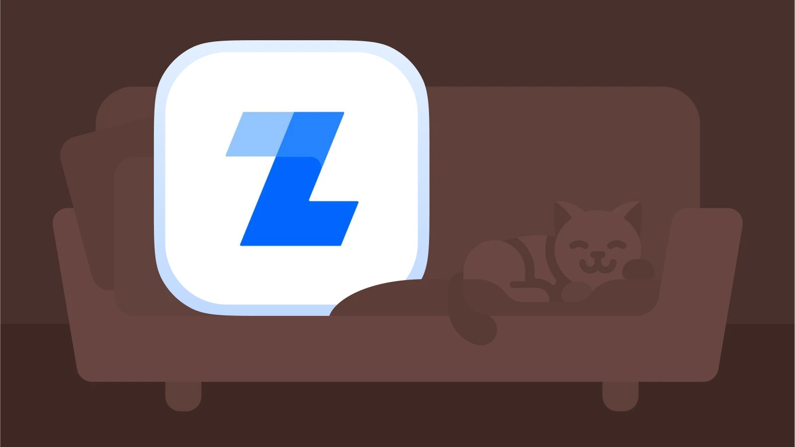 Legal zoom app icon in blue and white on a brown background with a couch and sleeping cat illustration, showcasing apps for freelancers to host meetings online